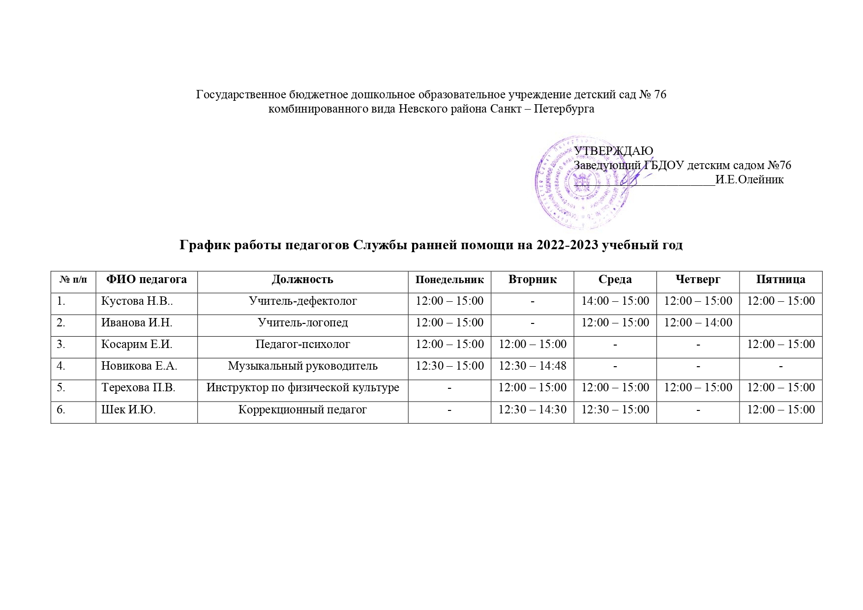 Государственное бюджетное дошкольное образовательное учреждение детский сад  № 76 Невского района Санкт-Петербурга - График работы специалистов СРП